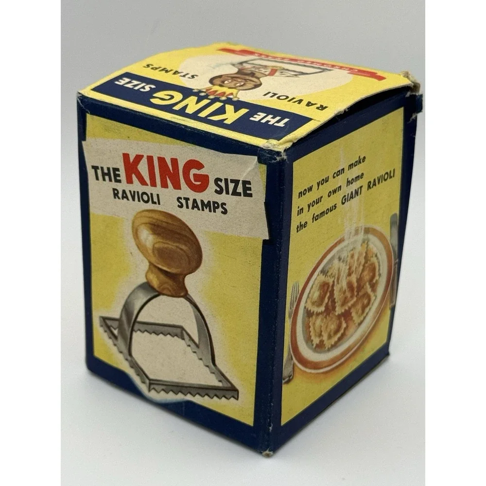 VTG The King Size Ravioli Stamp Cromed Brass Wood Orig Box 2 3/4